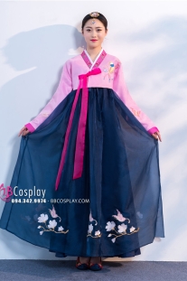 Hanbok Hàn Quốc Áo Hồng Váy Xanh Đậm