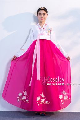 Hanbok Hàn Quốc Áo Trắng Váy Hồng Sen