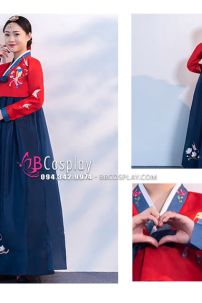 Hanbok Hàn Quốc Áo Đỏ Váy Xanh Thêu Phụng