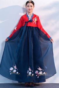 Hanbok Hàn Quốc Áo Đỏ Váy Xanh Thêu Phụng