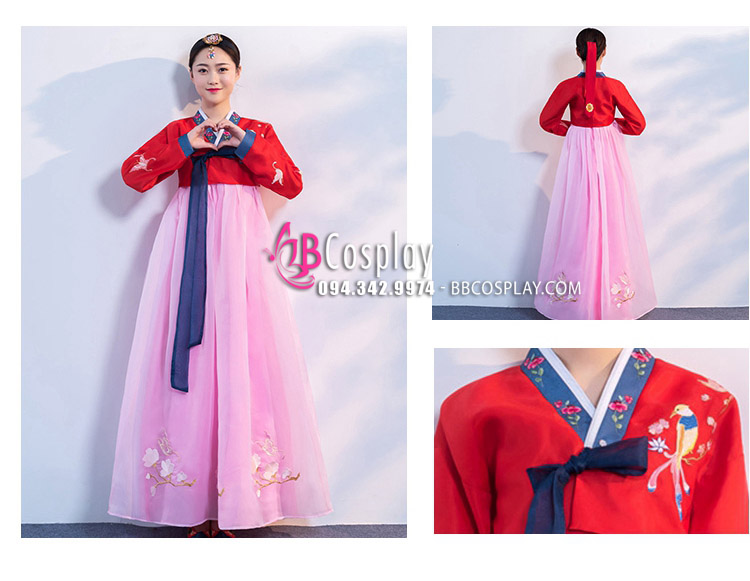 Hanbok Hàn Quốc Áo Đỏ Váy Hồng