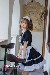 Đồ Maid Đầm Đen - Tạp Dề Eo Trắng Có Nơ Nhí