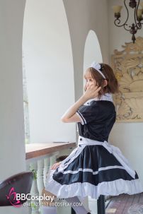 Đồ Maid Đầm Đen - Tạp Dề Eo Trắng Có Nơ Nhí