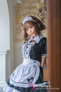 Đồ Maid Đầm Đen - Tạp Dề Eo Trắng Có Nơ Nhí