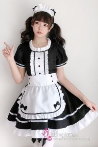 Đồ Maid Đầm Đen - Tạp Dề Eo Trắng Có Nơ Nhí