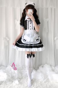 Đồ Maid Đầm Đen - Tạp Dề Eo Trắng Có Nơ Nhí