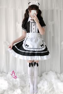 Đồ Maid Đầm Đen - Tạp Dề Eo Trắng Có Nơ Nhí