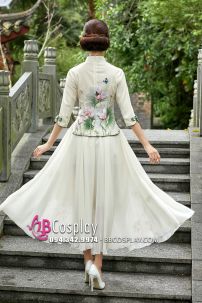 Váy Sườn Xám Cách Tân Hoa Sen- Vàng Kem