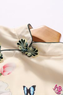 Váy Sườn Xám Cách Tân Hoa Sen- Vàng Kem