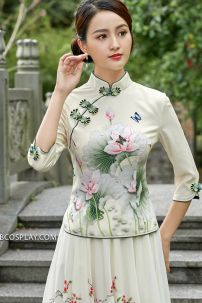 Váy Sườn Xám Cách Tân Hoa Sen- Vàng Kem