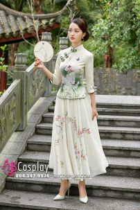 Váy Sườn Xám Cách Tân Hoa Sen- Vàng Kem