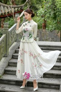 Váy Sườn Xám Cách Tân Hoa Sen- Vàng Kem