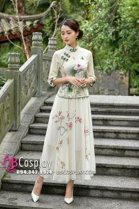 Váy Sườn Xám Cách Tân Hoa Sen- Vàng Kem