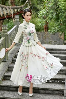 Váy Sườn Xám Cách Tân Hoa Sen- Vàng Kem
