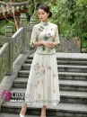 Váy Sườn Xám Cách Tân Hoa Sen- Vàng Kem