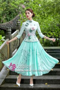 Váy Sườn Xám Cách Tân Hoa Sen - Xanh Mint