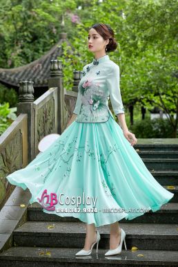 Váy Sườn Xám Cách Tân Hoa Sen - Xanh Mint
