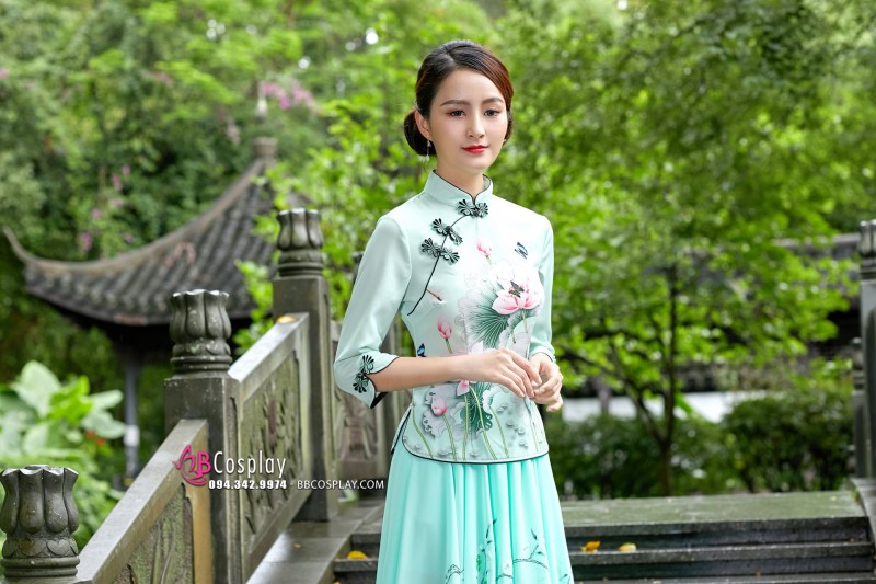 Váy Sườn Xám Cách Tân Hoa Sen - Xanh Mint Giá Tốt - BBCosplay.com