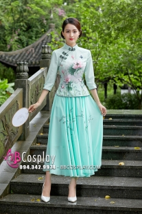 Váy Sườn Xám Cách Tân Hoa Sen - Xanh Mint