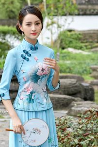 Váy Sườn Xám Cách Tân Hoa Sen - Xanh Ngọc