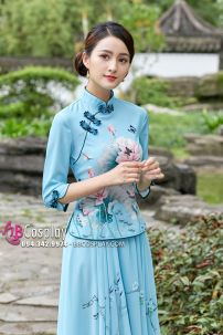 Váy Sườn Xám Cách Tân Hoa Sen - Xanh Ngọc