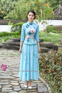 Váy Sườn Xám Cách Tân Hoa Sen - Xanh Ngọc