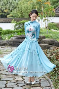 Váy Sườn Xám Cách Tân Hoa Sen - Xanh Ngọc