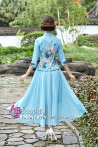 Váy Sườn Xám Cách Tân Hoa Sen - Xanh Ngọc