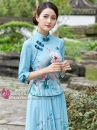 Váy Sườn Xám Cách Tân Hoa Sen - Xanh Ngọc