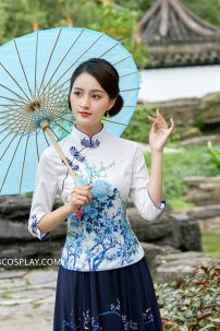 Váy Sườn Xám Cách Tân Hoa Sen- Xanh Đậm