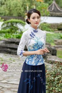 Váy Sườn Xám Cách Tân Hoa Sen- Xanh Đậm