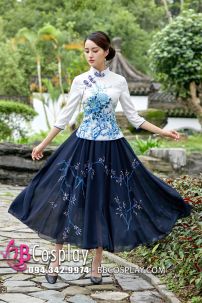 Váy Sườn Xám Cách Tân Hoa Sen- Xanh Đậm