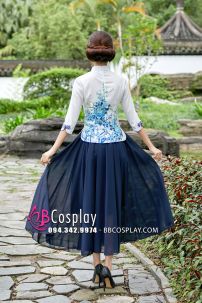 Váy Sườn Xám Cách Tân Hoa Sen- Xanh Đậm