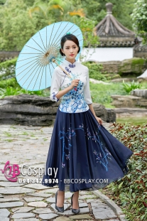 Váy Sườn Xám Cách Tân Hoa Sen- Xanh Đậm