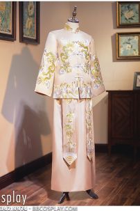 Bộ Sườn Xám Nam Thêu Rồng Màu Kem