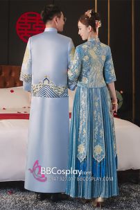 Hỉ Phục Tân Lang Tone Xanh Dương Cặp Long Phục Mới 2024