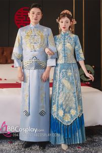 Hỉ Phục Tân Lang Tone Xanh Dương Cặp Long Phục Mới 2024