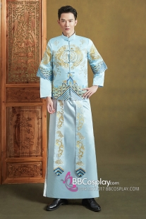 Hỉ Phục Tân Lang Tone Xanh Dương Cặp Long Phục Mới 2024