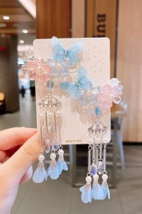 Cặp Kẹp Tóc Bướm Xanh Và Hoa Có Tua Rua Hoa Rơi