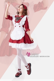 Trang Phục Maid Đỏ Đô Nơ Sọc Tay Lở