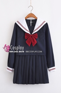 Bộ Đồ Nữ Sinh Xanh Đen Cổ Trắng 2 Sọc Đỏ