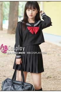 Đồ Seifuku Nữ Sinh Tay Dài Áo Đen Váy Đen - 3 Sọc