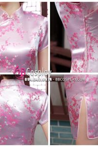 Sườn Xám Hồng Phấn Ngắn In Hoa