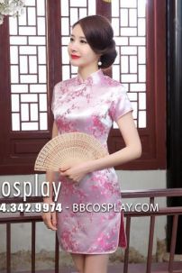 Sườn Xám Hồng Phấn Ngắn In Hoa