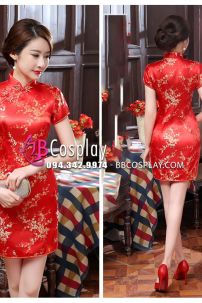 Sườn Xám Đỏ Mai In Hoa