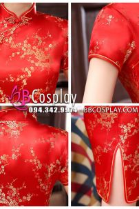 Sườn Xám Đỏ Mai In Hoa