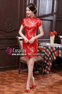 Sườn Xám Đỏ Mai In Hoa