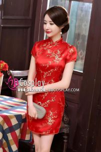 Sườn Xám Đỏ Mai In Hoa