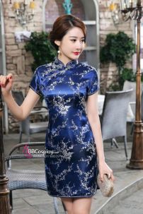 Sườn Xám Thượng Hải Ngắn Xanh Hoa Mai