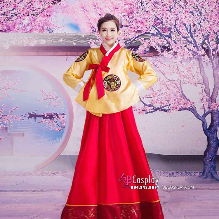 Hanbok Hàn Quốc Cổ Trang Áo Vàng Dài Váy Đỏ